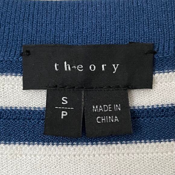 Theory Sweater Womens Small White Blue Striped Crewneck Cotton Knit Preppy - Picture 9 of 11